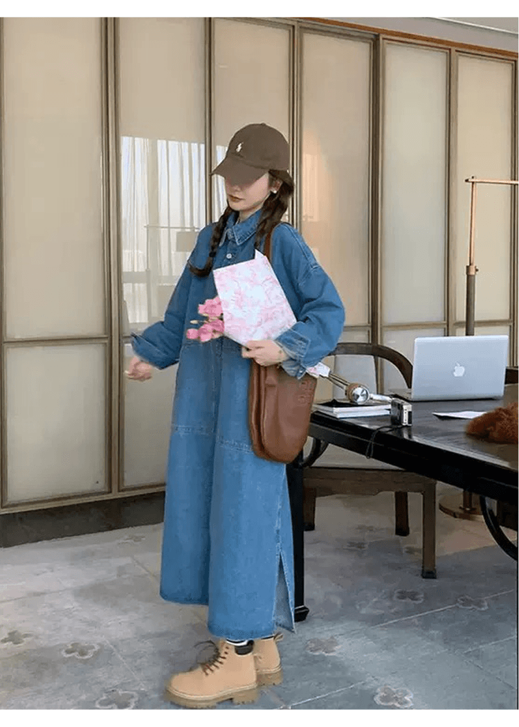 한국 스타일 느긋한 바람 레트로 데님 여성 드레스 디자인 센스 빅 포켓 지방 mm 루즈핏 슬림해 보이는 롱 코트 셔츠 드레스 상세 이미지 23