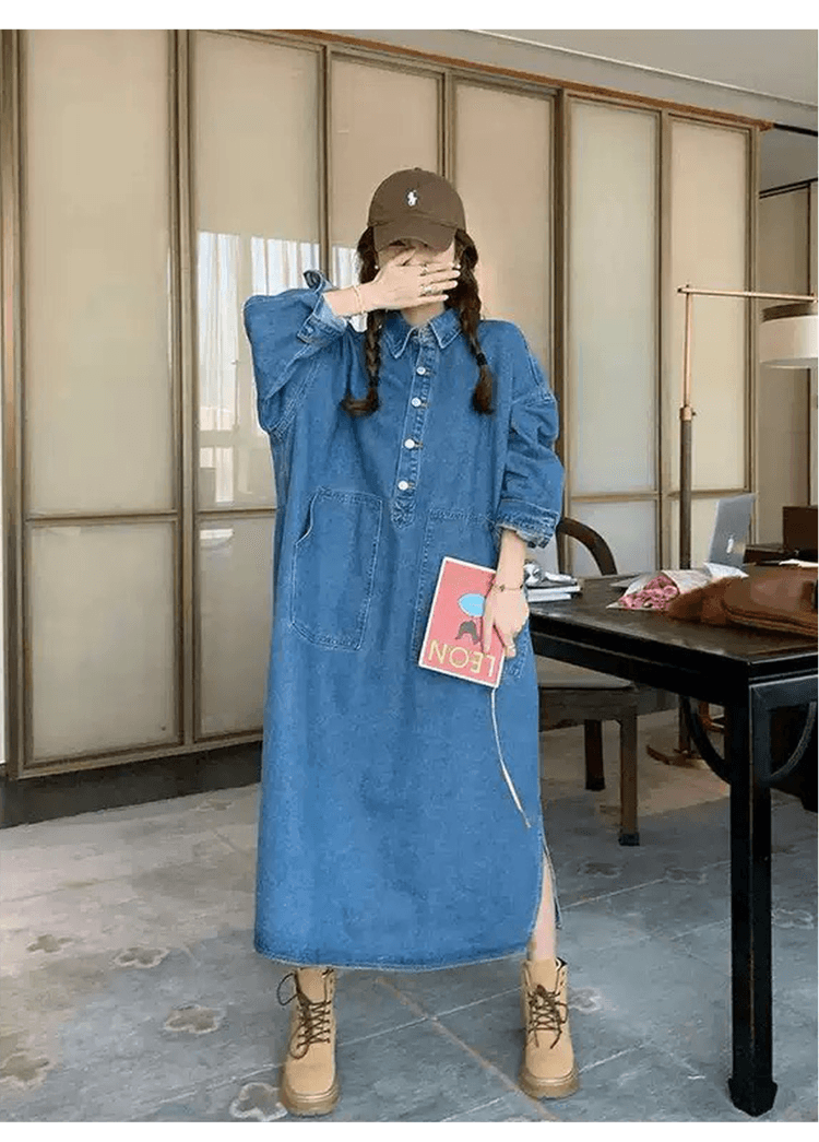 한국 스타일 느긋한 바람 레트로 데님 여성 드레스 디자인 센스 빅 포켓 지방 mm 루즈핏 슬림해 보이는 롱 코트 셔츠 드레스 상세 이미지 25