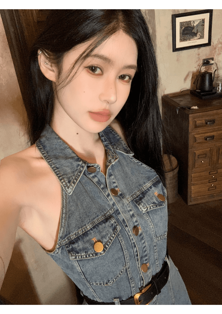 실사 정가 레트로 폴로 칼라 민소매 데님 여성 드레스 핫걸 허리 수축 슬림해 보이는 싱글 줄 버튼 행침 목 롱 스커트 상세 이미지 5