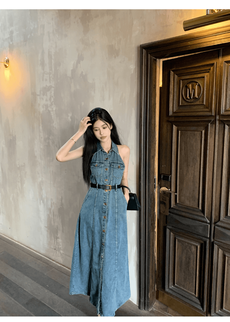 실사 정가 레트로 폴로 칼라 민소매 데님 여성 드레스 핫걸 허리 수축 슬림해 보이는 싱글 줄 버튼 행침 목 롱 스커트 상세 이미지 7