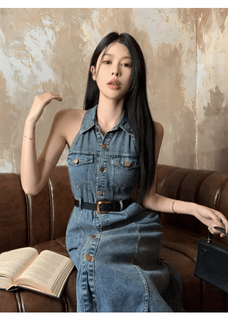 실사 정가 레트로 폴로 칼라 민소매 데님 여성 드레스 핫걸 허리 수축 슬림해 보이는 싱글 줄 버튼 행침 목 롱 스커트 상세 이미지 15