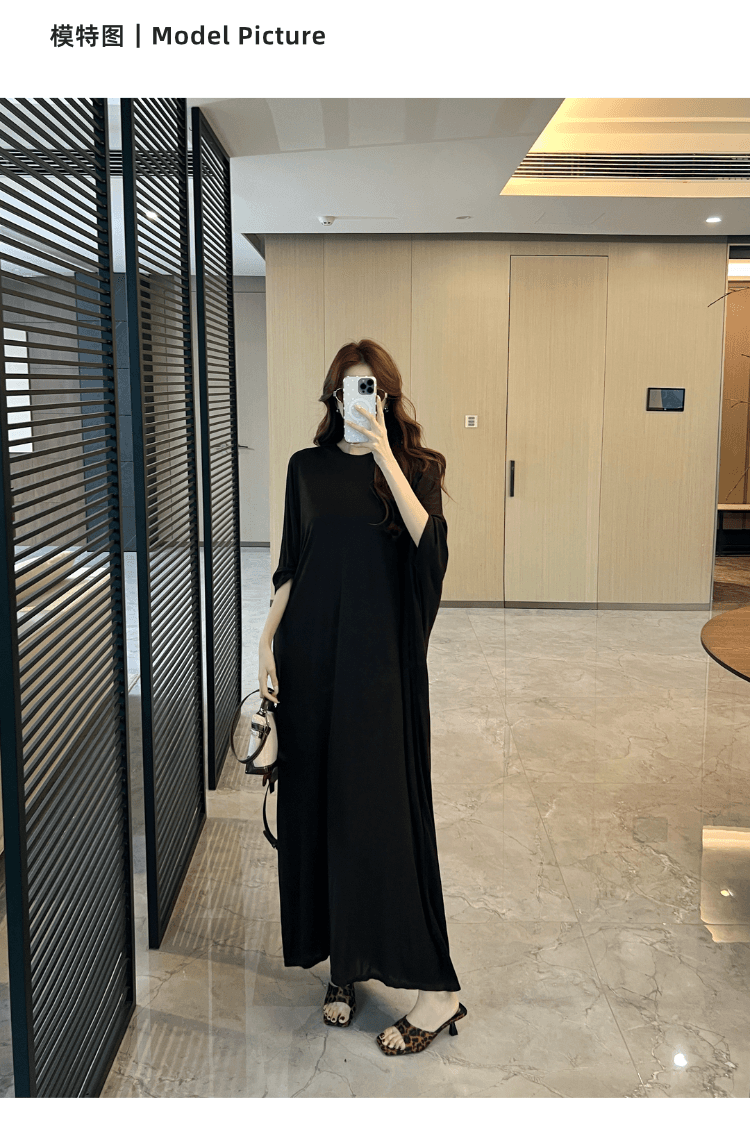 실사 정가 휴가 느긋한 차가운 센스 니트 여성 드레스 한국 스타일 배트윙 소매 루즈핏 슬림해 보이는 품격 롱 스커트 상세 이미지 3