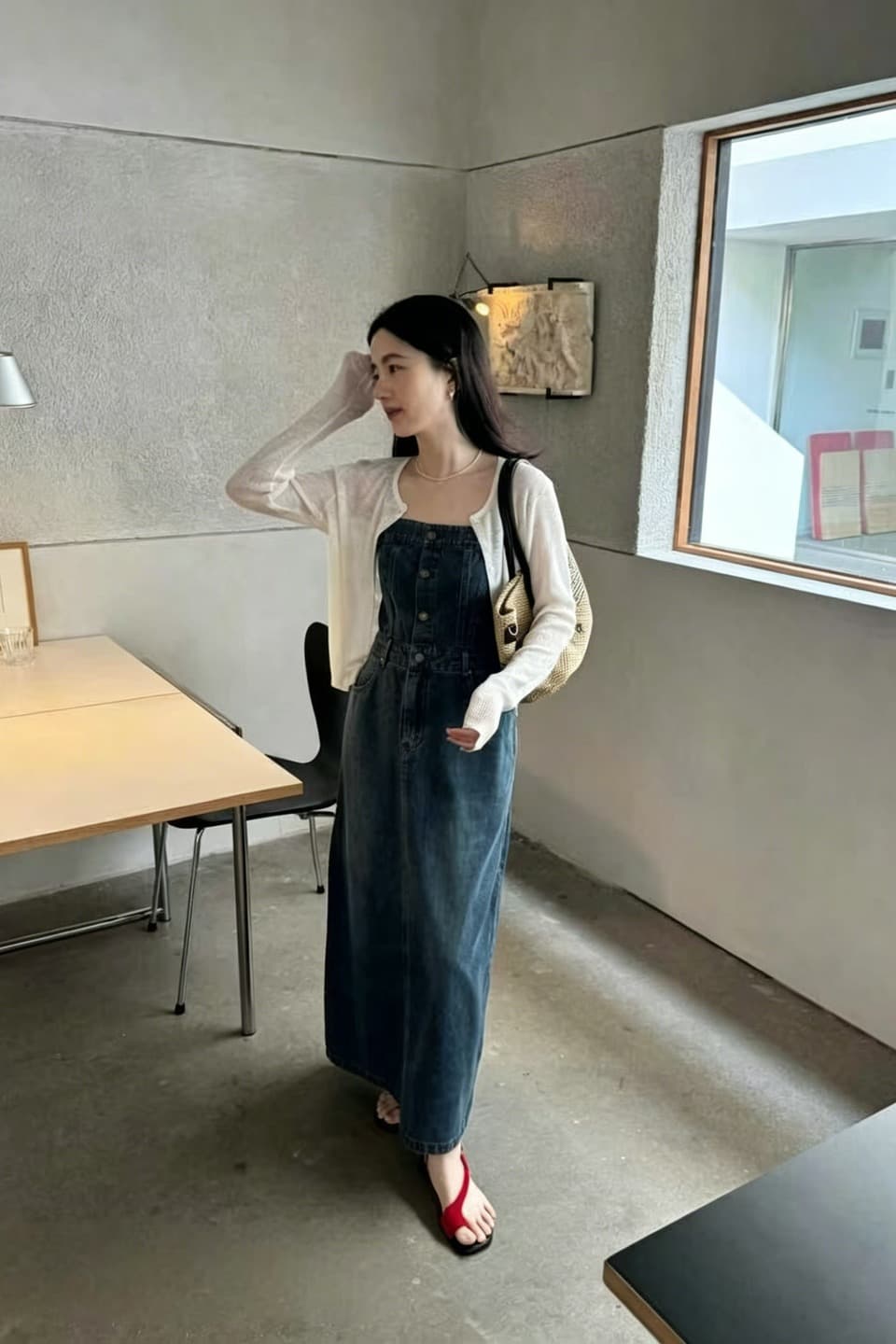 실사 정가 한국 스타일 캐주얼 레트로 데님 슬립 여성 드레스 허리 수축 슬림해 보이는 품격 다용도 휴가 롱 스커트 이미지 6