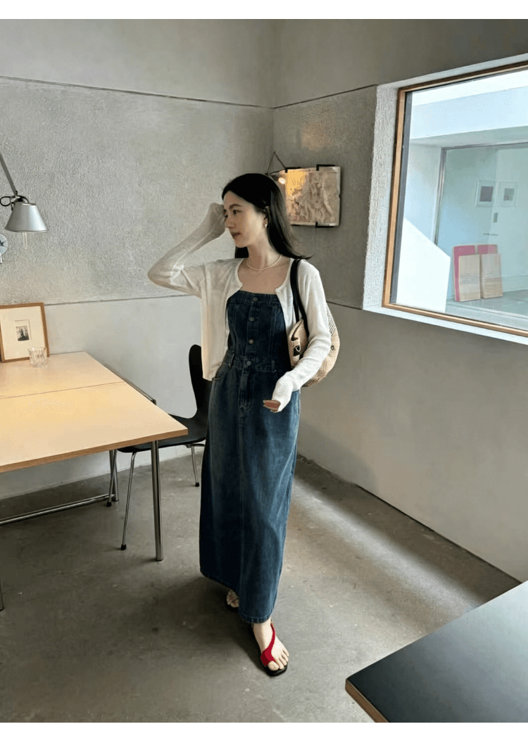 실사 정가 한국 스타일 캐주얼 레트로 데님 슬립 여성 드레스 허리 수축 슬림해 보이는 품격 다용도 휴가 롱 스커트 상세 이미지 12