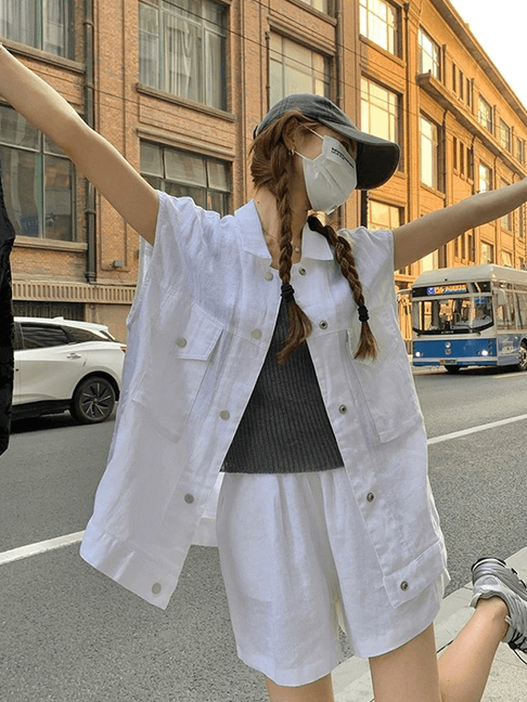 오래된 돈 바람 느슨함 센스 캐주얼 면 린넨 세트 여성 디자인 센스 루즈핏 워크웨어 베스트 넓은 다리가 짧다. 바지 투피스 세트 이미지 2
