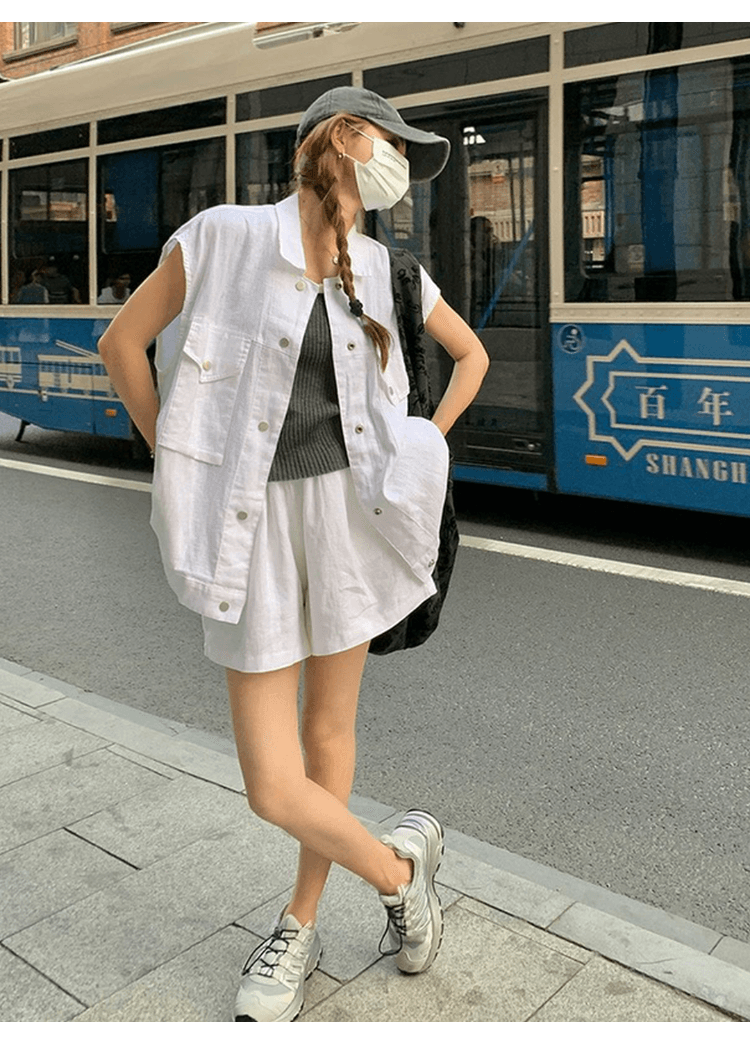 오래된 돈 바람 느슨함 센스 캐주얼 면 린넨 세트 여성 디자인 센스 루즈핏 워크웨어 베스트 넓은 다리가 짧다. 바지 투피스 세트 상세 이미지 6