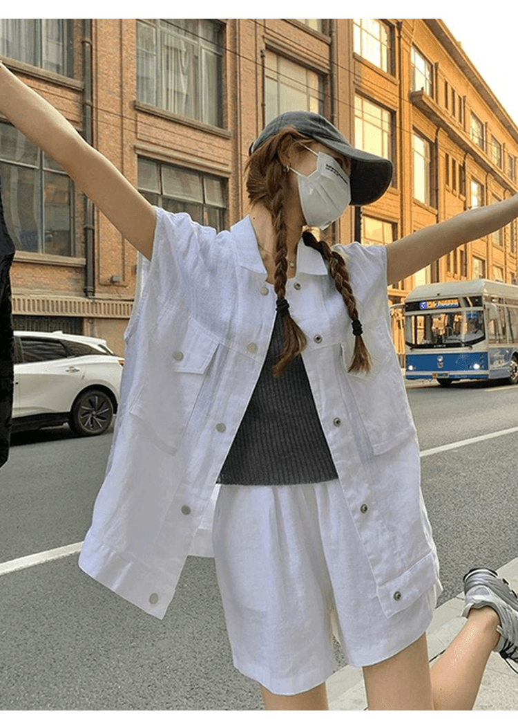 오래된 돈 바람 느슨함 센스 캐주얼 면 린넨 세트 여성 디자인 센스 루즈핏 워크웨어 베스트 넓은 다리가 짧다. 바지 투피스 세트 상세 이미지 9