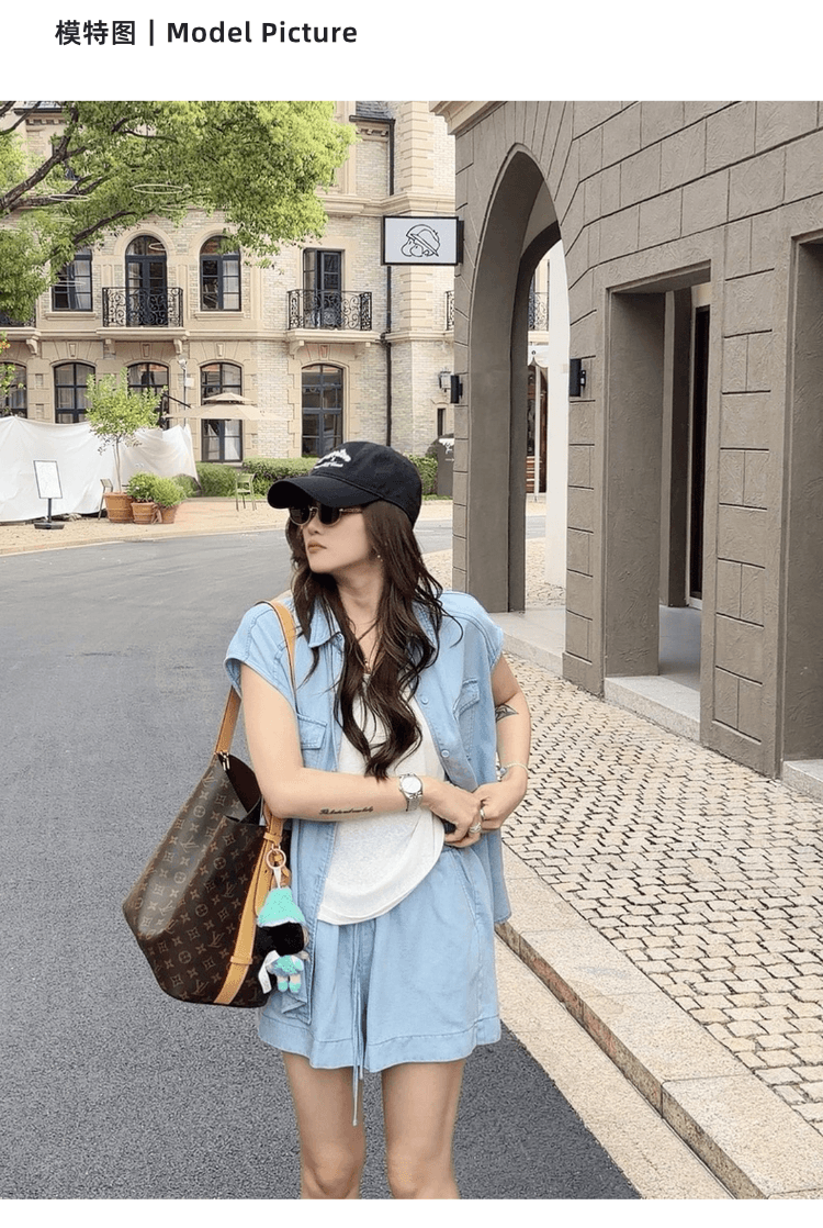 실사 정가 얼음 블루 데님 캐주얼 세트 여성 느긋한 민소매 셔츠 넓은 다리가 짧다. 바지 허리 수축 슬림해 보이는 투피스 세트 상세 이미지 3