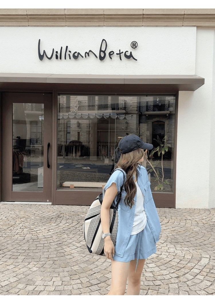 실사 정가 얼음 블루 데님 캐주얼 세트 여성 느긋한 민소매 셔츠 넓은 다리가 짧다. 바지 허리 수축 슬림해 보이는 투피스 세트 상세 이미지 5
