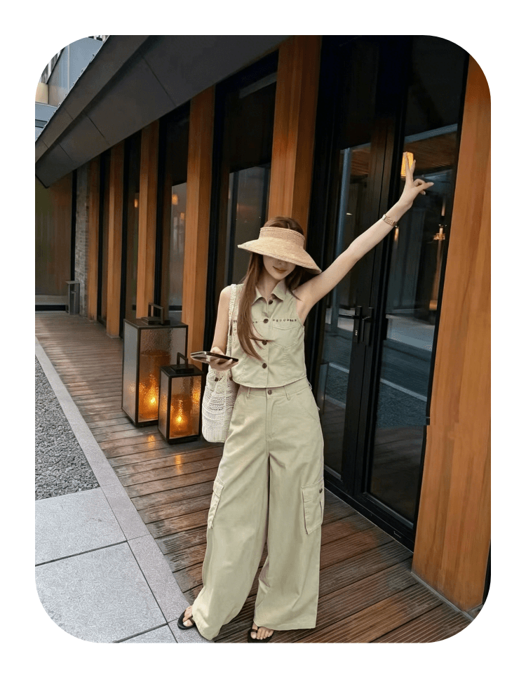 차가운 바람의 소리 바람 한국 스타일 레트로 핫걸 징 POLO 칼라 민소매 맨위 하이웨이스트 넓은 다리 슬림해 보이는 워크웨어 팬츠 세트 상세 이미지 1