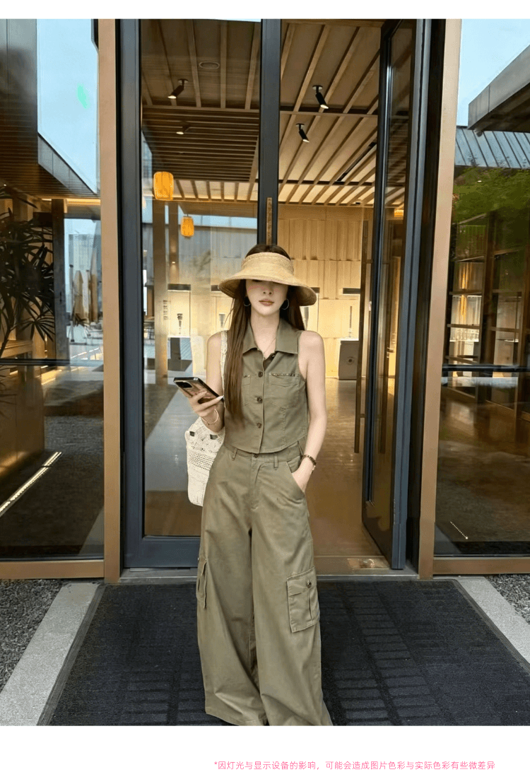 차가운 바람의 소리 바람 한국 스타일 레트로 핫걸 징 POLO 칼라 민소매 맨위 하이웨이스트 넓은 다리 슬림해 보이는 워크웨어 팬츠 세트 상세 이미지 13