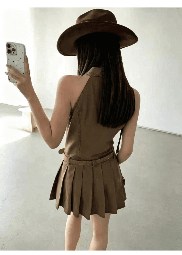 실사 정가 핫걸 워크웨어 민소매 폴로 칼라 여성 드레스 섹시함 허리 수축 슬림해 보이는 품격 플리츠 드레스 상세 이미지 7
