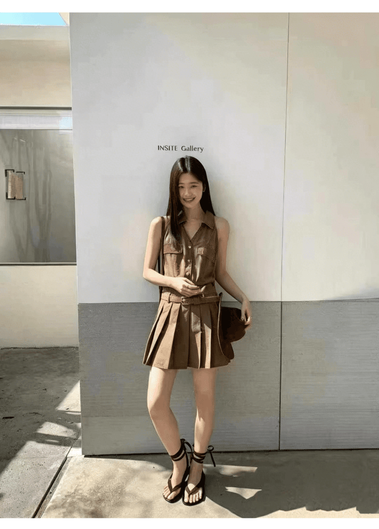 실사 정가 핫걸 워크웨어 민소매 폴로 칼라 여성 드레스 섹시함 허리 수축 슬림해 보이는 품격 플리츠 드레스 상세 이미지 14