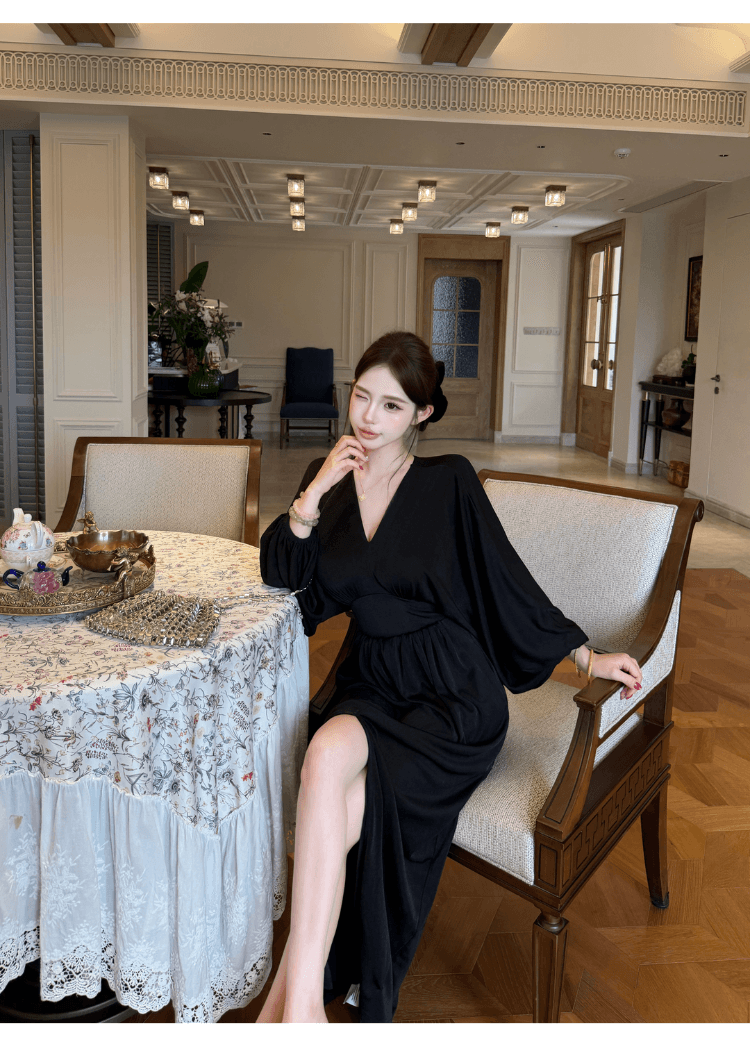 실사 정가 프랑스식 순수한 욕망 바람 V넥 여성 드레스 로얄 자매 품격 몸매 가꾸기 슬림해 보이는 섹시함 트임 길다 치마 상세 이미지 7