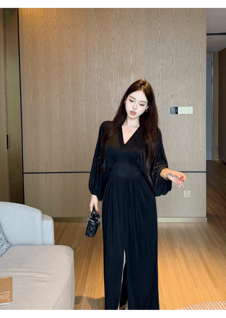 실사 정가 프랑스식 순수한 욕망 바람 V넥 여성 드레스 로얄 자매 품격 몸매 가꾸기 슬림해 보이는 섹시함 트임 길다 치마 상세 이미지 6