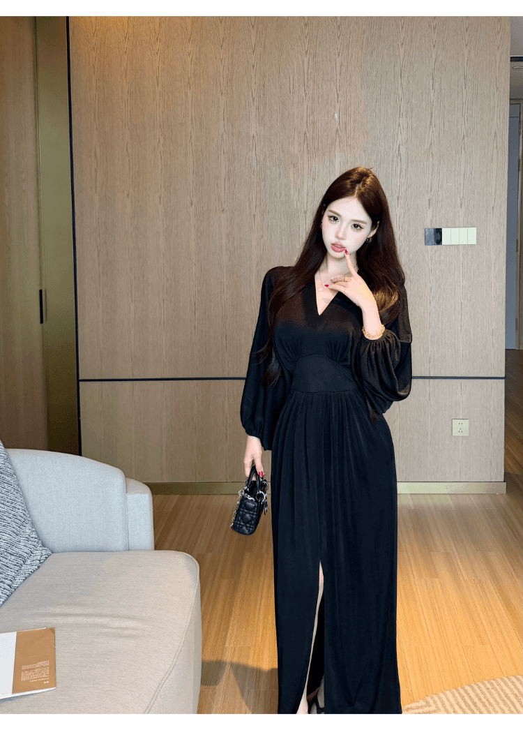 실사 정가 프랑스식 순수한 욕망 바람 V넥 여성 드레스 로얄 자매 품격 몸매 가꾸기 슬림해 보이는 섹시함 트임 길다 치마 상세 이미지 7