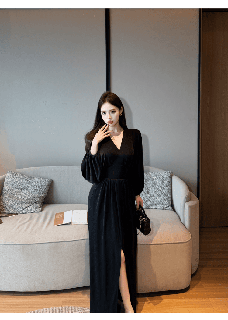 실사 정가 프랑스식 순수한 욕망 바람 V넥 여성 드레스 로얄 자매 품격 몸매 가꾸기 슬림해 보이는 섹시함 트임 길다 치마 상세 이미지 10