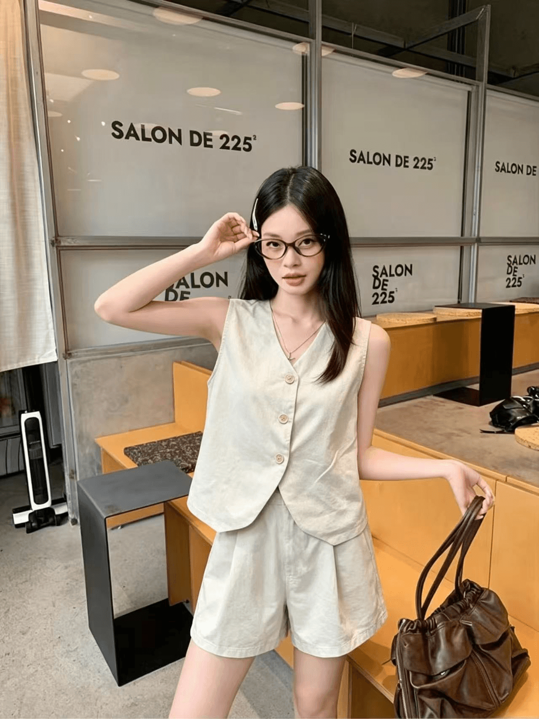 실사 정가 오래된 돈 바람 워싱 면 캐주얼 세트 여성 레트로 품격 정장 베스트 넓은 다리가 짧다. 바지 투피스 세트 이미지 3