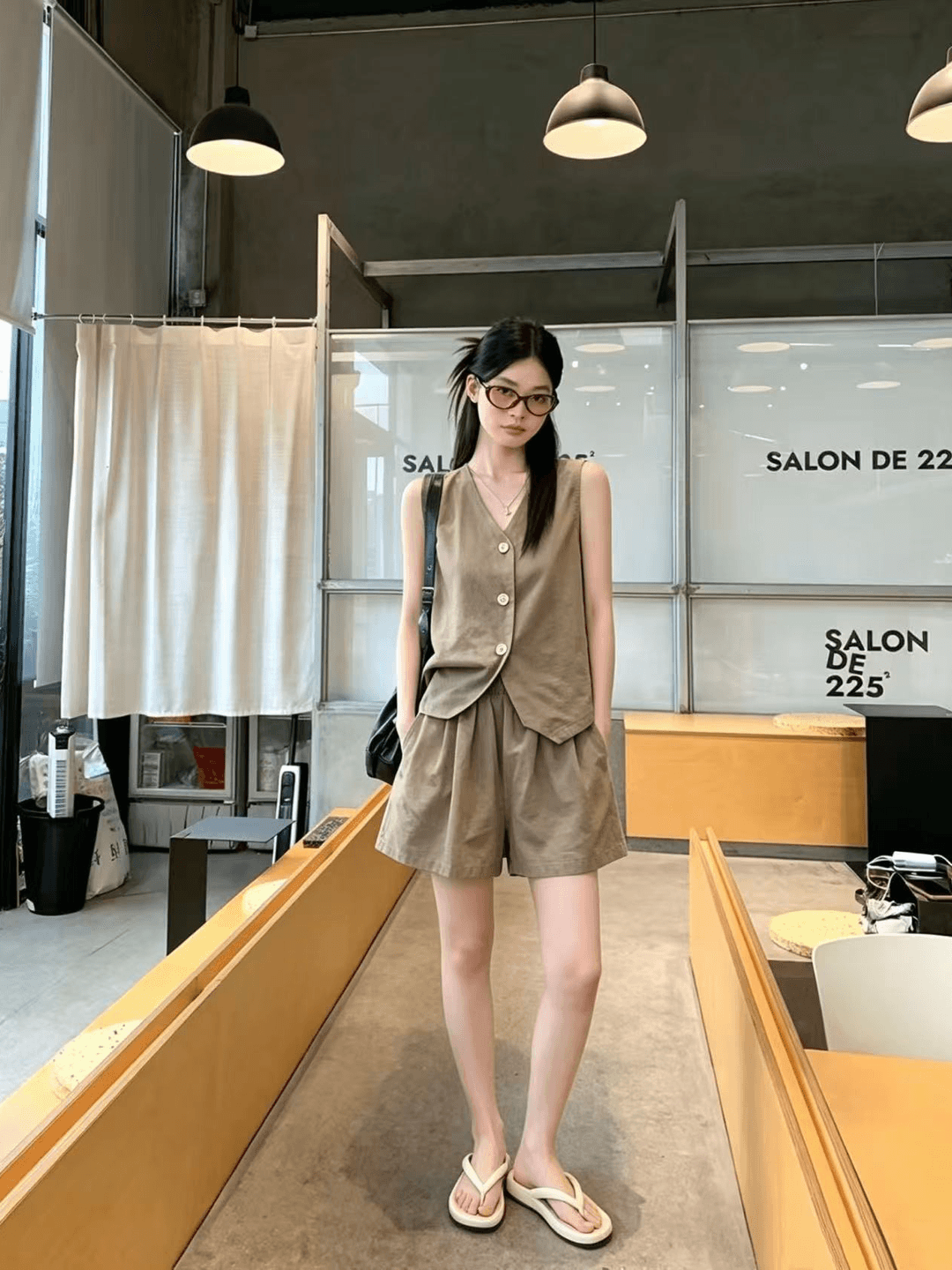 실사 정가 오래된 돈 바람 워싱 면 캐주얼 세트 여성 레트로 품격 정장 베스트 넓은 다리가 짧다. 바지 투피스 세트 이미지 4