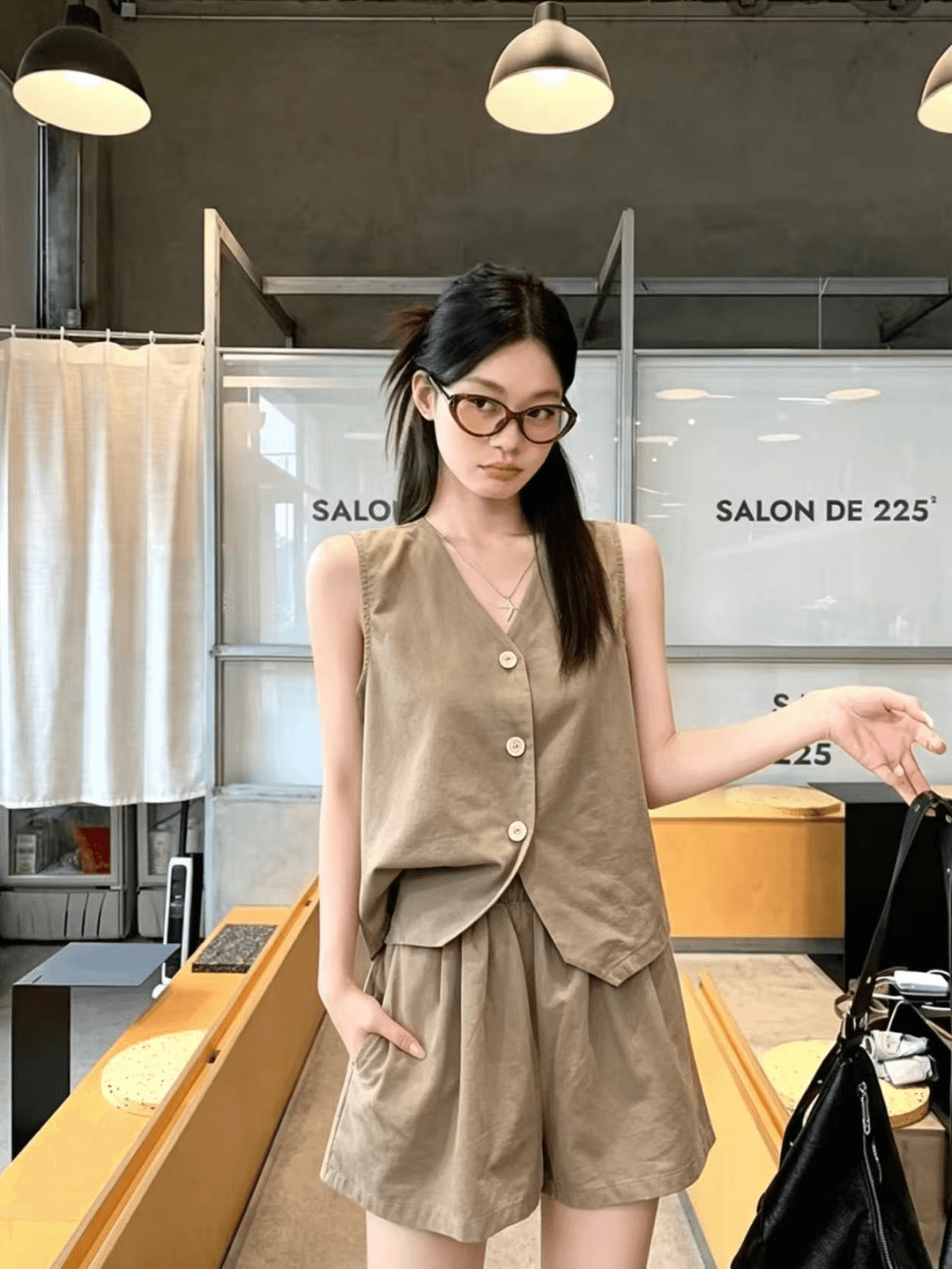 실사 정가 오래된 돈 바람 워싱 면 캐주얼 세트 여성 레트로 품격 정장 베스트 넓은 다리가 짧다. 바지 투피스 세트 이미지 2