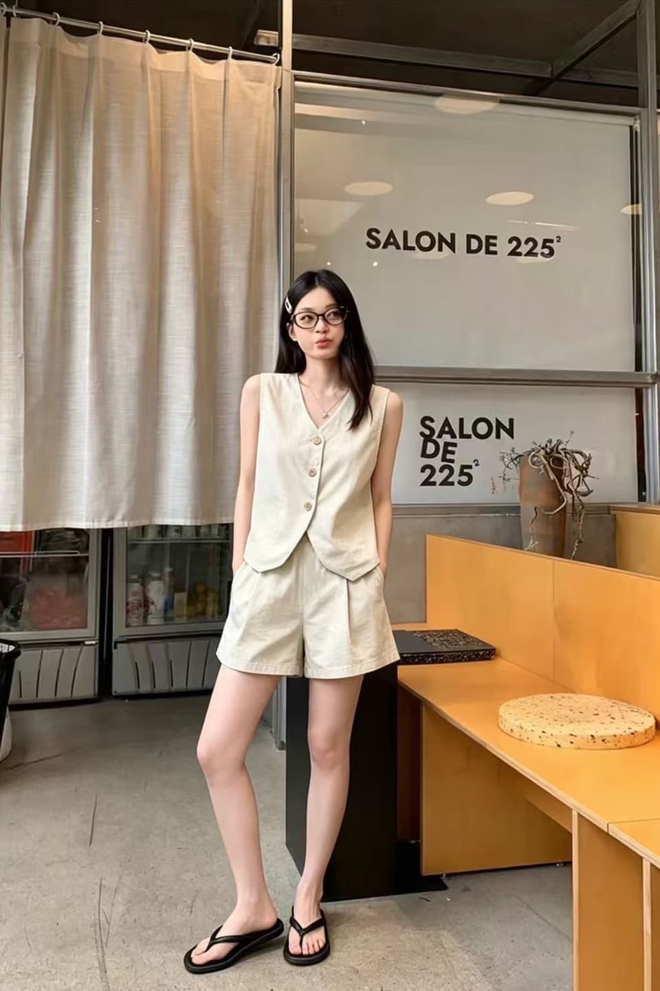 실사 정가 오래된 돈 바람 워싱 면 캐주얼 세트 여성 레트로 품격 정장 베스트 넓은 다리가 짧다. 바지 투피스 세트 이미지 6