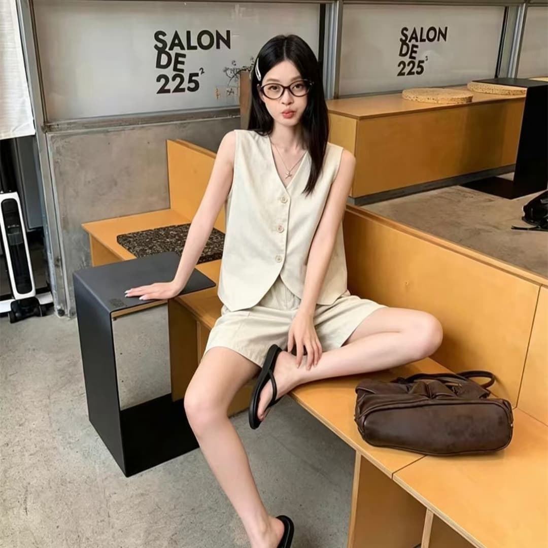 실사 정가 오래된 돈 바람 워싱 면 캐주얼 세트 여성 레트로 품격 정장 베스트 넓은 다리가 짧다. 바지 투피스 세트 이미지 5