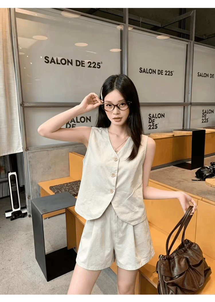 실사 정가 오래된 돈 바람 워싱 면 캐주얼 세트 여성 레트로 품격 정장 베스트 넓은 다리가 짧다. 바지 투피스 세트 상세 이미지 8