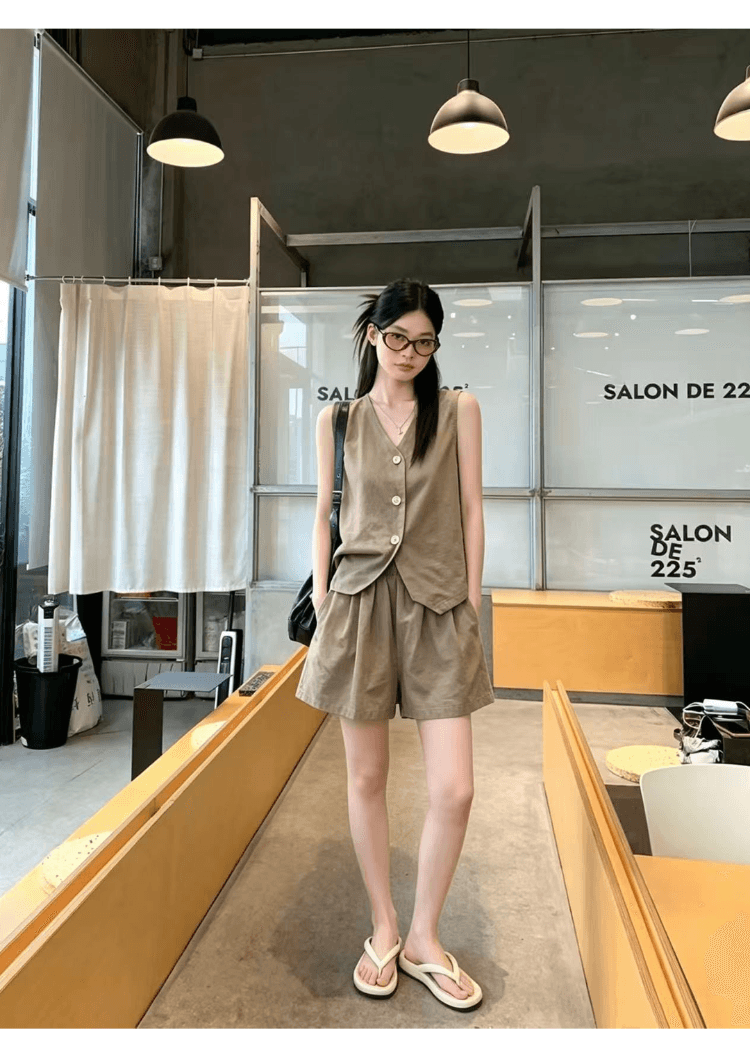 실사 정가 오래된 돈 바람 워싱 면 캐주얼 세트 여성 레트로 품격 정장 베스트 넓은 다리가 짧다. 바지 투피스 세트 상세 이미지 10