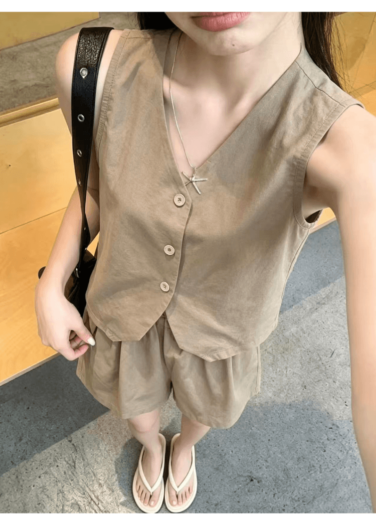 실사 정가 오래된 돈 바람 워싱 면 캐주얼 세트 여성 레트로 품격 정장 베스트 넓은 다리가 짧다. 바지 투피스 세트 상세 이미지 14
