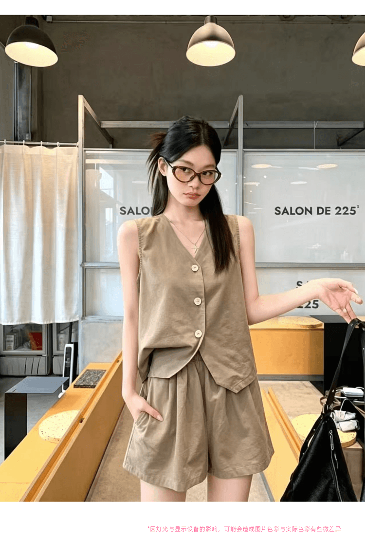 실사 정가 오래된 돈 바람 워싱 면 캐주얼 세트 여성 레트로 품격 정장 베스트 넓은 다리가 짧다. 바지 투피스 세트 상세 이미지 15