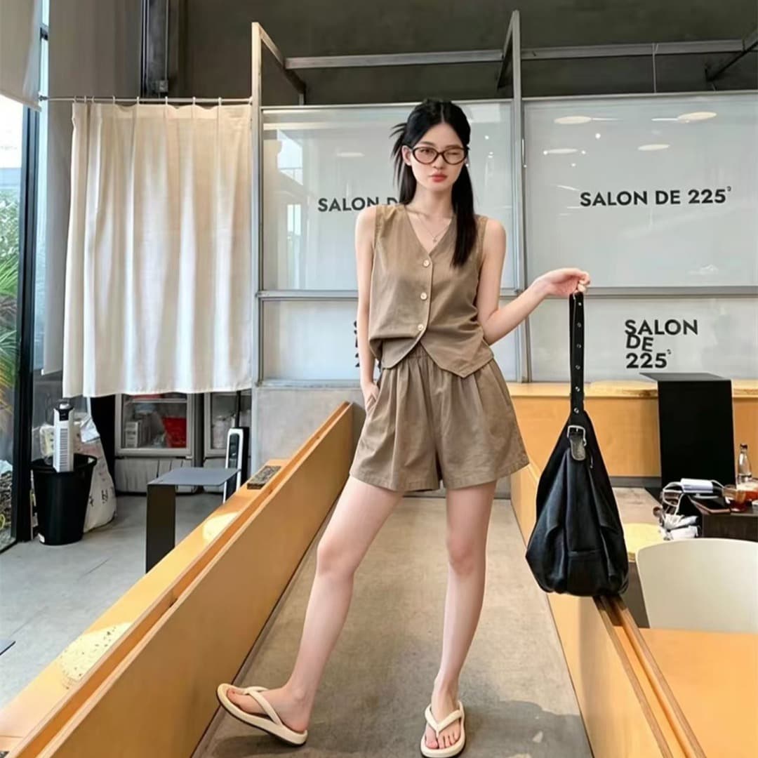 실사 정가 오래된 돈 바람 휴가 캐주얼 세트 여성 레트로 품격 정장 베스트 넓은 다리가 짧다. 바지 투피스 세트 이미지 5