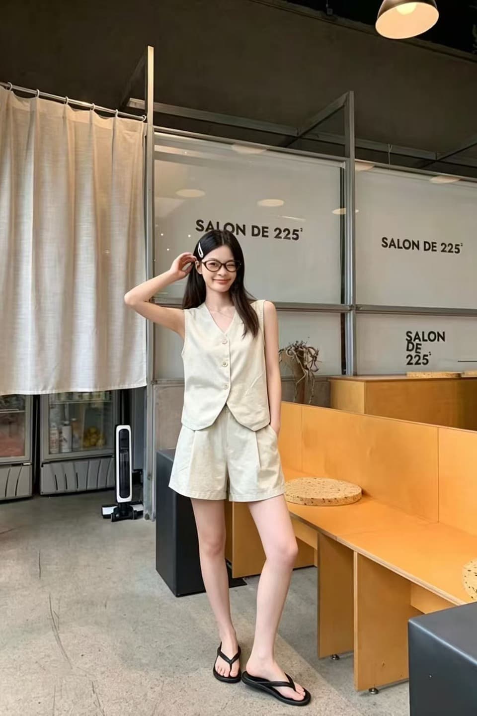 실사 정가 오래된 돈 바람 휴가 캐주얼 세트 여성 레트로 품격 정장 베스트 넓은 다리가 짧다. 바지 투피스 세트 이미지 6