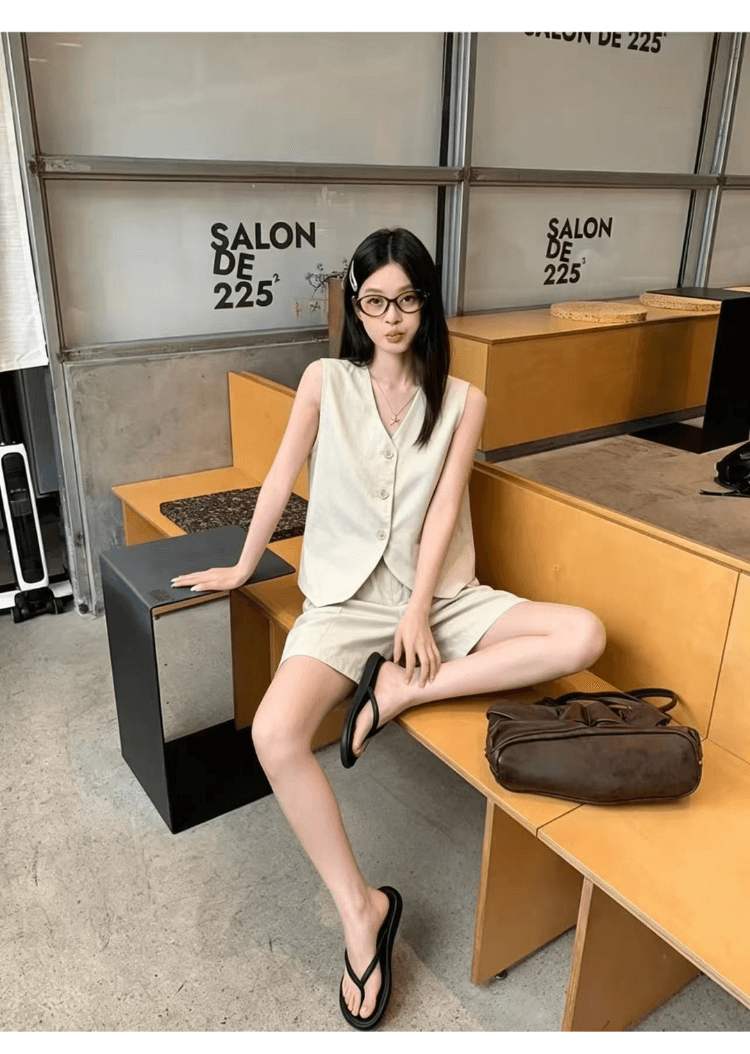 실사 정가 오래된 돈 바람 휴가 캐주얼 세트 여성 레트로 품격 정장 베스트 넓은 다리가 짧다. 바지 투피스 세트 상세 이미지 7