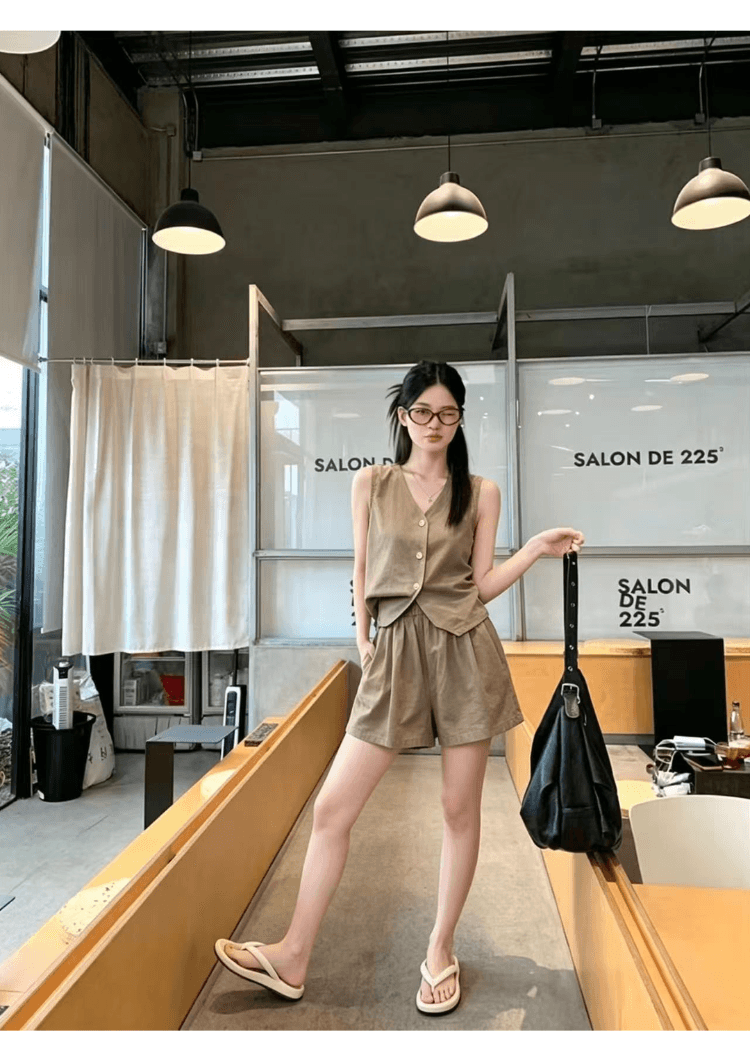 실사 정가 오래된 돈 바람 휴가 캐주얼 세트 여성 레트로 품격 정장 베스트 넓은 다리가 짧다. 바지 투피스 세트 상세 이미지 12