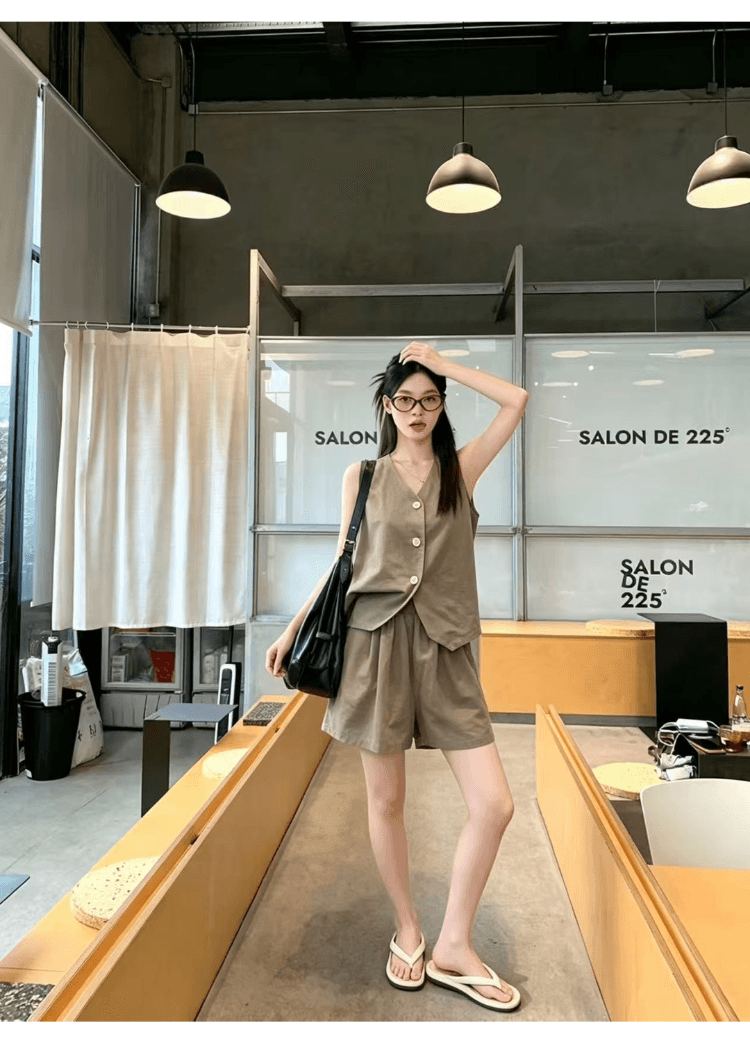 실사 정가 오래된 돈 바람 휴가 캐주얼 세트 여성 레트로 품격 정장 베스트 넓은 다리가 짧다. 바지 투피스 세트 상세 이미지 13