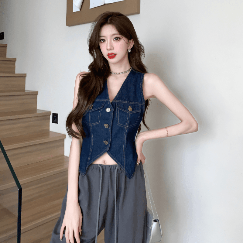 실사 정가 핫걸 레트로 항구 바람 데님 베스트 조끼 여성 순수한 욕망 V넥 민소매 싱글 줄 버튼 몸매 가꾸기 맨위 이미지 2