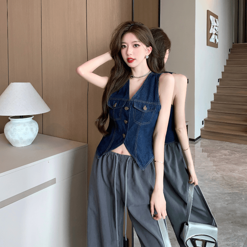 실사 정가 핫걸 레트로 항구 바람 데님 베스트 조끼 여성 순수한 욕망 V넥 민소매 싱글 줄 버튼 몸매 가꾸기 맨위 이미지 4