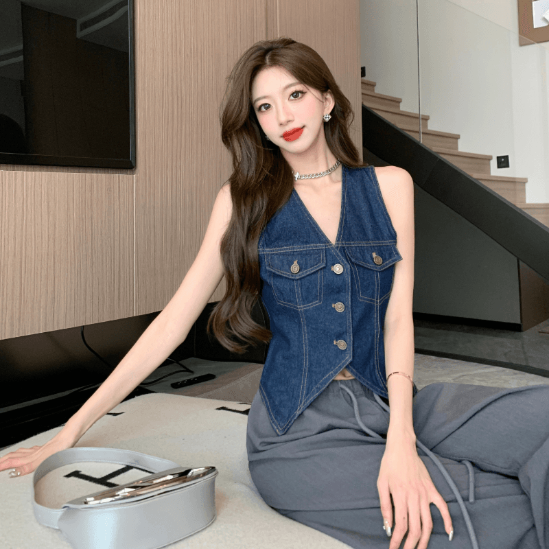 실사 정가 핫걸 레트로 항구 바람 데님 베스트 조끼 여성 순수한 욕망 V넥 민소매 싱글 줄 버튼 몸매 가꾸기 맨위 이미지 5