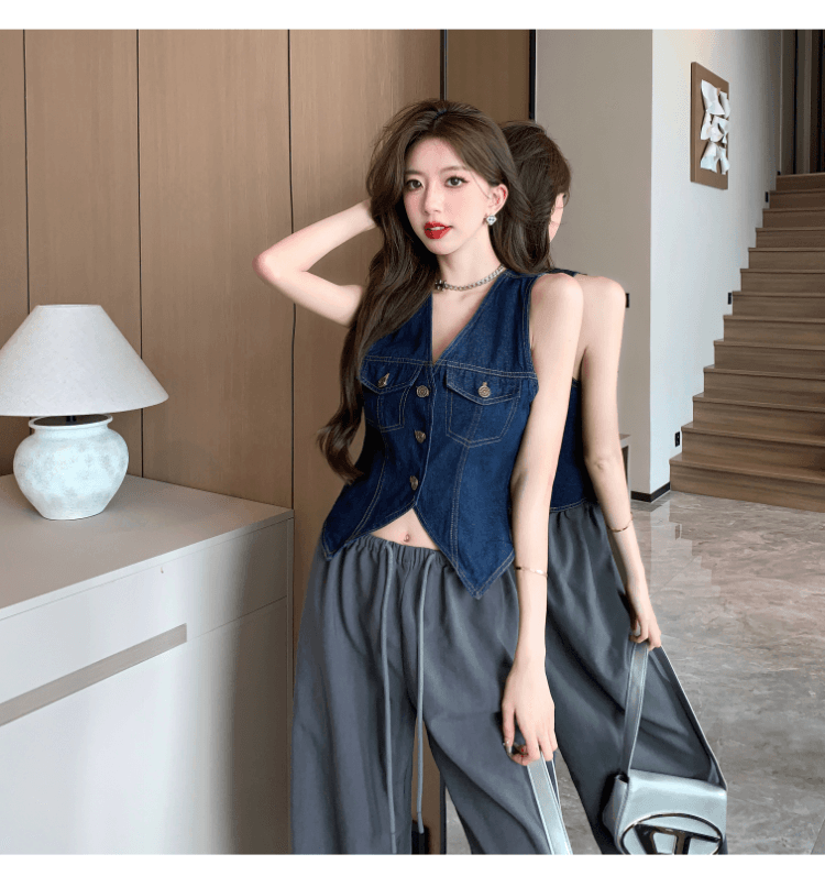 실사 정가 핫걸 레트로 항구 바람 데님 베스트 조끼 여성 순수한 욕망 V넥 민소매 싱글 줄 버튼 몸매 가꾸기 맨위 상세 이미지 13