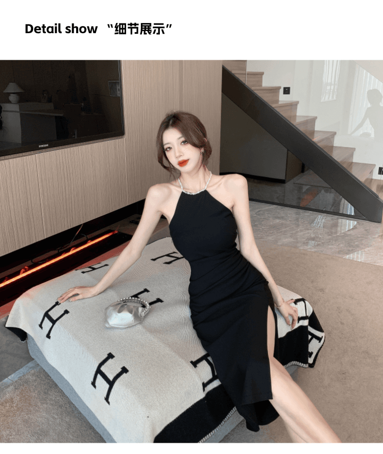 실사 정가 섹시함 몸매 가꾸기 진주 행침 목 여성 드레스 디자인 센스 품격 허리 수축 슬림해 보이는 트임 타이트 스커트 상세 이미지 3