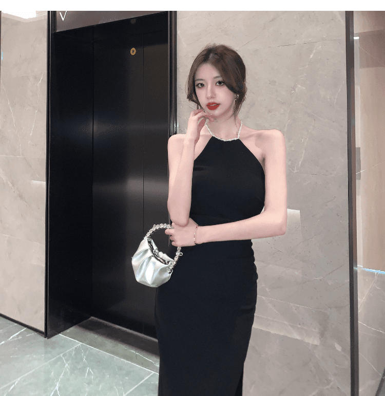 실사 정가 섹시함 몸매 가꾸기 진주 행침 목 여성 드레스 디자인 센스 품격 허리 수축 슬림해 보이는 트임 타이트 스커트 상세 이미지 17