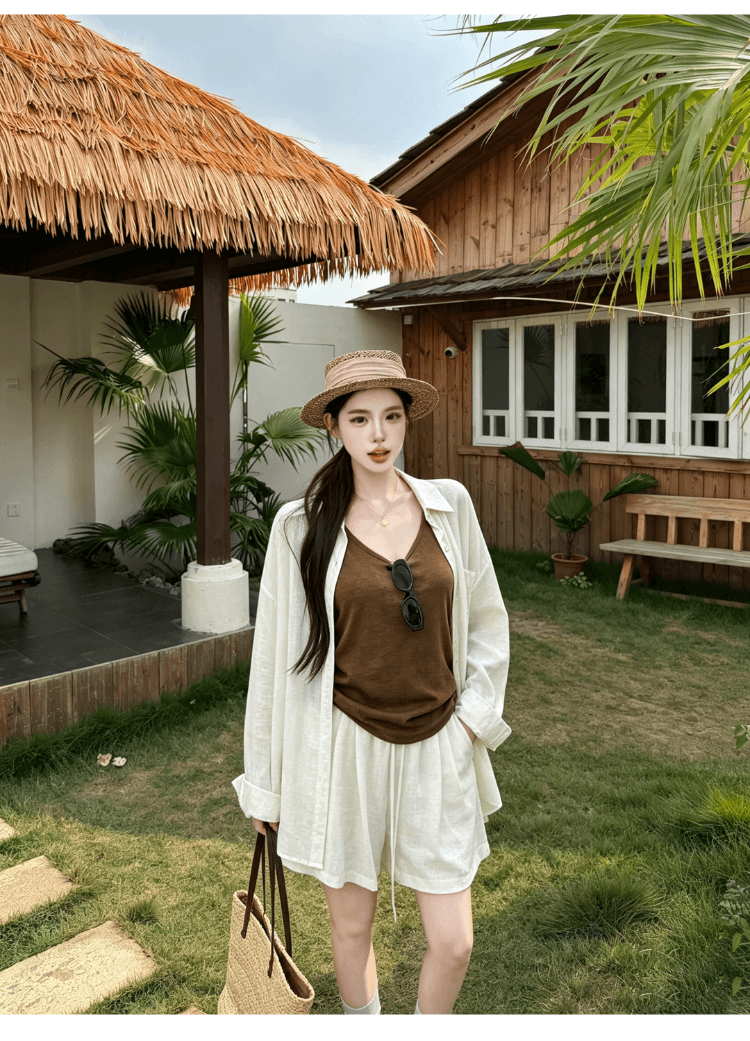 실사 오래된 돈 바람 느긋한 느슨함 센스 세 조각 여성 세트 면 린넨 자외선 차단 셔츠 캐미솔 넓은 다리가 짧다. 바지 세트 상세 이미지 8