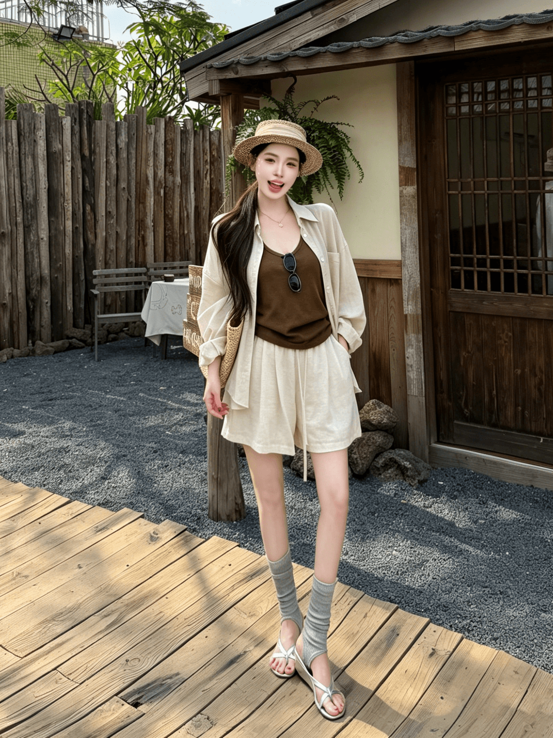 실사 정가 오래된 돈 바람 면 린넨 세트 여성 느긋한 느슨함 센스 자외선 차단 셔츠 조끼 넓은 다리가 짧다. 바지 3종 세트 이미지 4