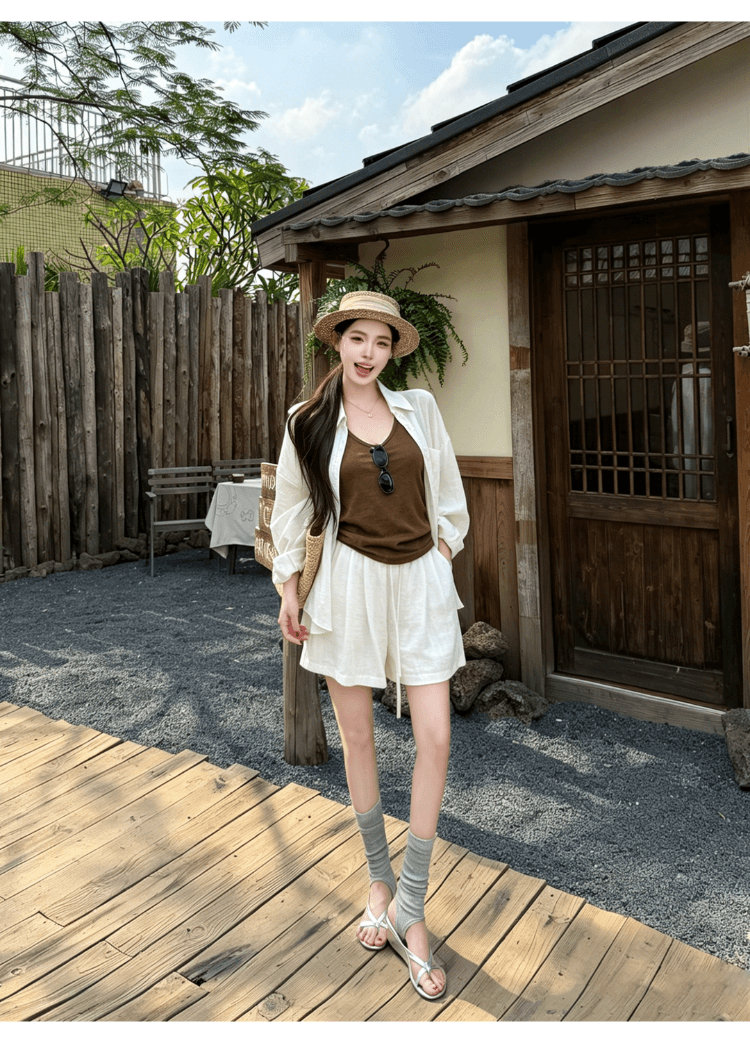 실사 정가 오래된 돈 바람 면 린넨 세트 여성 느긋한 느슨함 센스 자외선 차단 셔츠 조끼 넓은 다리가 짧다. 바지 3종 세트 상세 이미지 7