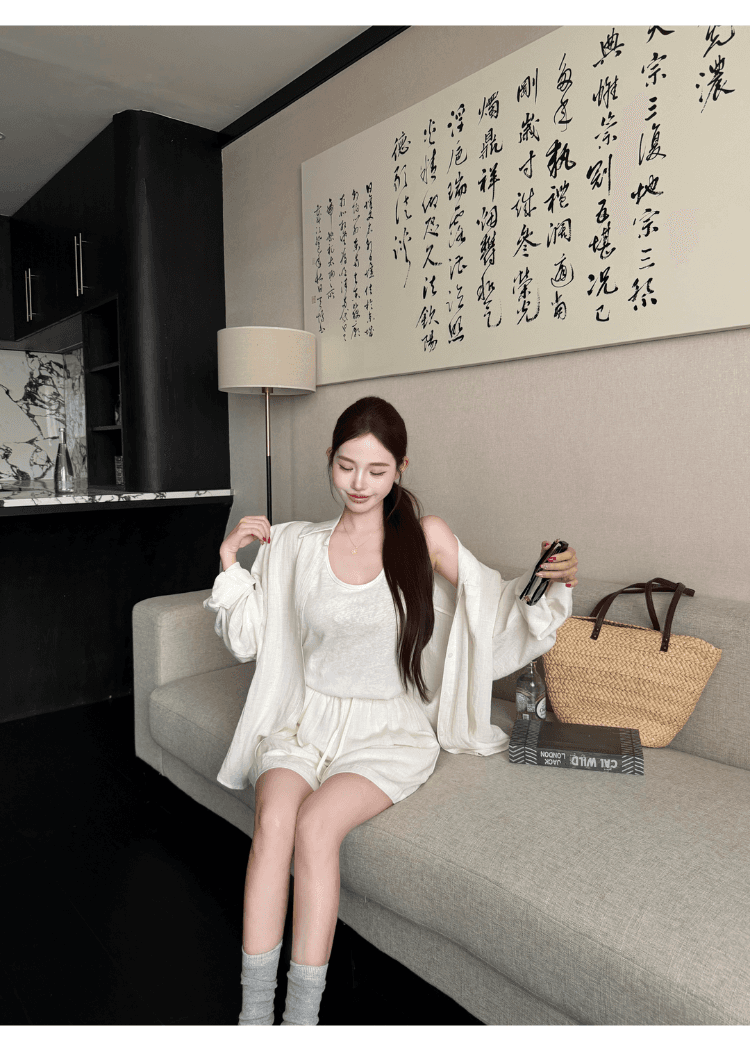실사 정가 오래된 돈 바람 면 린넨 세트 여성 느긋한 느슨함 센스 자외선 차단 셔츠 조끼 넓은 다리가 짧다. 바지 3종 세트 상세 이미지 33