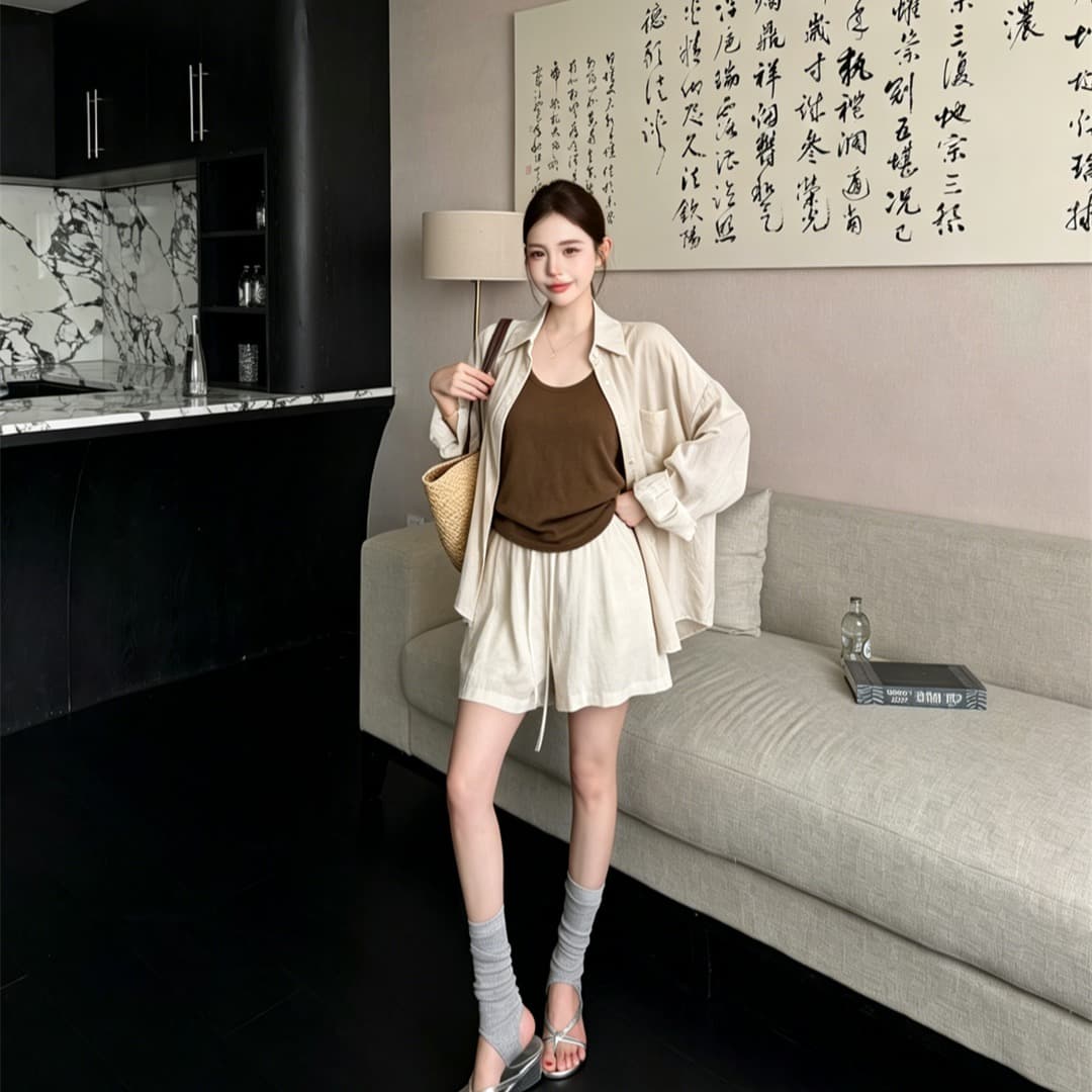 실사 정가 오래된 돈 바람 면 린넨 세트 여성 느긋한 느슨함 센스 자외선 차단 셔츠 조끼 넓은 다리가 짧다. 바지 3종 세트 이미지 6