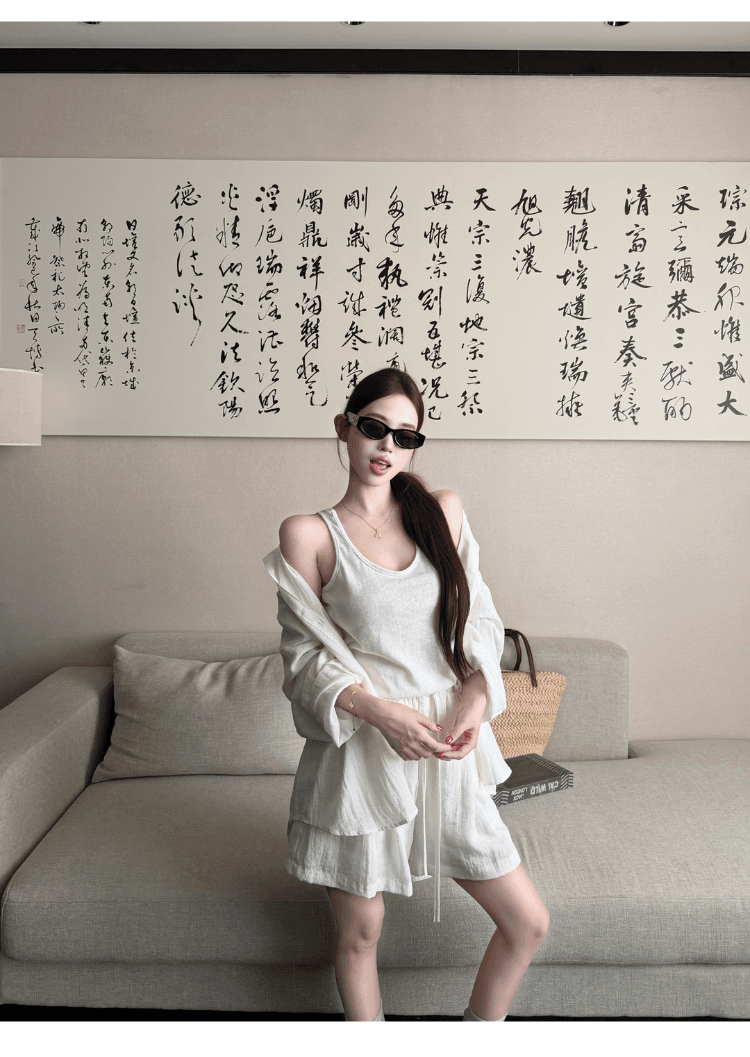 실사 정가 오래된 돈 바람 면 린넨 세트 여성 느긋한 느슨함 센스 자외선 차단 셔츠 조끼 넓은 다리가 짧다. 바지 3종 세트 상세 이미지 31