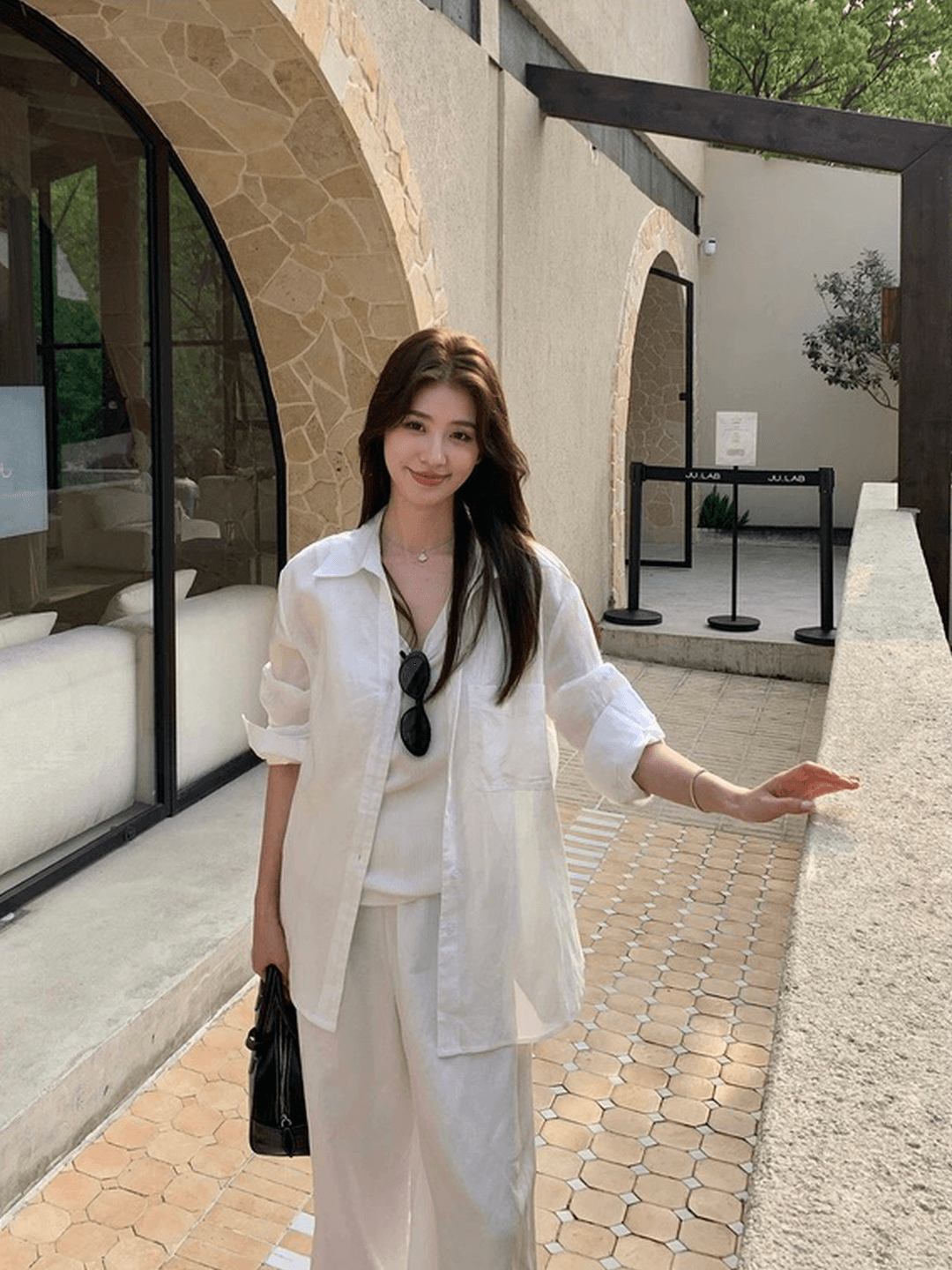 오래된 돈 바람 면 린넨 셔츠 세트 여성 느긋한 느슨함 센스 루즈핏 자외선 차단 오픈 가디건 조끼 넓은 다리 길이 바지 3종 세트 이미지 2
