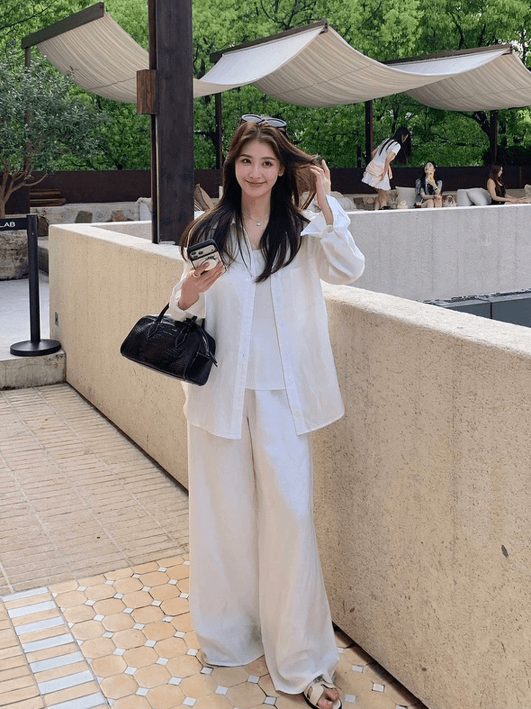 오래된 돈 바람 면 린넨 셔츠 세트 여성 느긋한 느슨함 센스 루즈핏 자외선 차단 오픈 가디건 조끼 넓은 다리 길이 바지 3종 세트 이미지 3