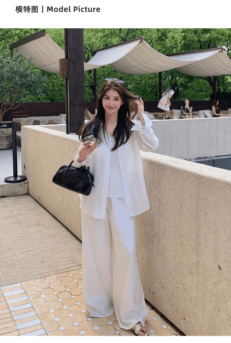 오래된 돈 바람 면 린넨 셔츠 세트 여성 느긋한 느슨함 센스 루즈핏 자외선 차단 오픈 가디건 조끼 넓은 다리 길이 바지 3종 세트 상세 이미지 4